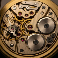 Intricate brass clockwork mechanism of an antique pocket watch
