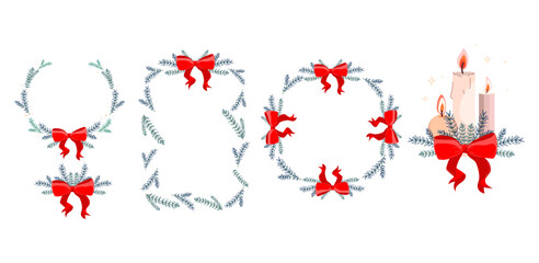 Fototapeta premium Christmas decorative frames wreaths and festive candle set with red bows and winter evergreen branches for greeting cards, packaging, invitations, print, social media, web design.Vector illustration