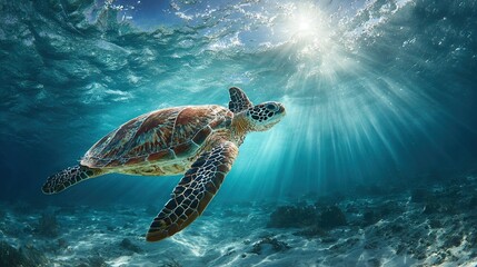   A turtle swims in the ocean under the bright sunlight shining down on its shell, with its head above the water's surface