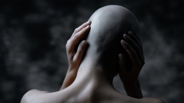 Low-key monochrome portrait of a figure from behind, hands holding head, conveying stress, grief, or pain - Powered by Adobe
