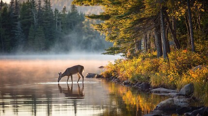   A deer drinks water from a lake surrounded by pines, with a foggy forest in the backdrop
