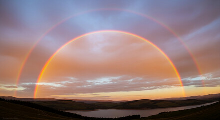 Landscape image with double rainbow arcing over hills and water at sunset, representing hope, promise, and new beginning in nature's display