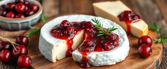 Creamy Camembert cheese with tart cranberry sauce, rustic wooden board,  dairy,  sweet