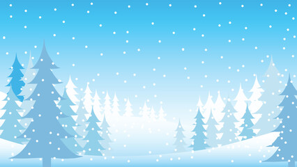 Christmas landscape background. Illustration of snow covered pine trees landscape with sky and valley for use as holiday background. Vector file.