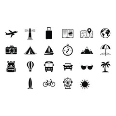 Vector art of set of travel icons featuring airplane, lighthouse, luggage, book, map, and other travel essentials
