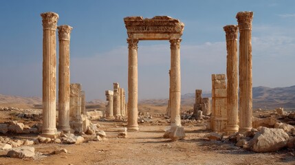 Ancient colonnaded ruins, archway stands amidst desert landscape under a clear sky