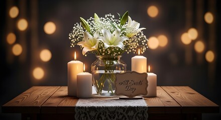 wooden_table, vase_with_white_flowers, candles, all_souls_day_text, glowing_bokeh_background, 