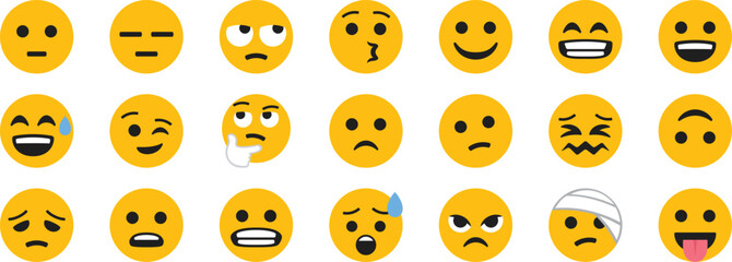 Emoji face icons with funny expressions for chat and social design. Cute emotional smiley symbols for messaging graphics. Cartoon reaction faces for creative digital projects.