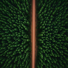 Aerial view of a straight road cutting through a dense green forest © Md
