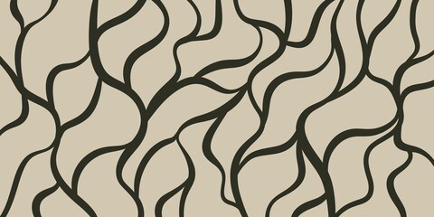 Dense wavy abstract lines in dark tones on beige, creating a textured, flowing effect for modern abstract art
