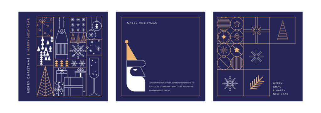 Happy New Year, poster, banner and card design in minimalist geometric line style. Xmas and new year backgrounds. 2026