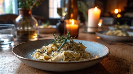   A bowl of pasta with a sprig of rosemary rests on a table in front of a lit candle