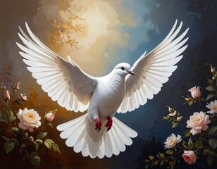Fototapeta premium A majestic white dove soars with outstretched wings amid flowers