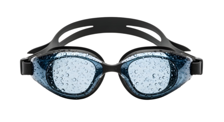 Wet swimming goggles with water droplets clinging to the lenses ready for a swim in the pool or open water on a black studio background
