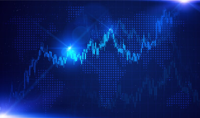 Abstract background with Forex charts, neon lights, glow effect, lens flare, rays, and a world map.