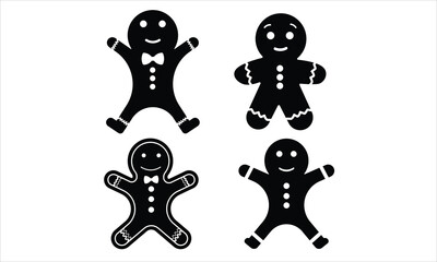 Christmas Gingerbread man black silhouette on white background, vector set