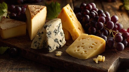   A variety of cheeses on a cutting board with grapes and Parmesan cheese on a wooden table