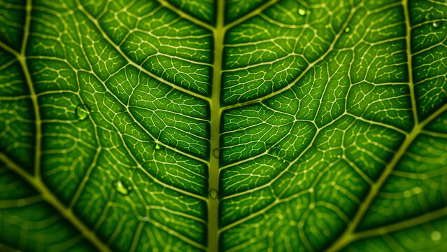 Extreme macro close-up of a green leaf texture with detailed veins and dew drops. - Powered by Adobe