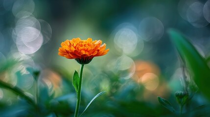   An orange flower surrounded by lush green grass under hazy lights in the distance