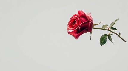   Red Rose with Green Leaves on White Background and Gray Sky