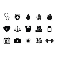 Vector art of collection of health and wellness icons, representing various aspects of healthcare and healthy lifestyle