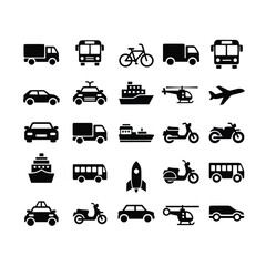 Vector art of collection of transportation icons, representing various modes of transport for people and goods