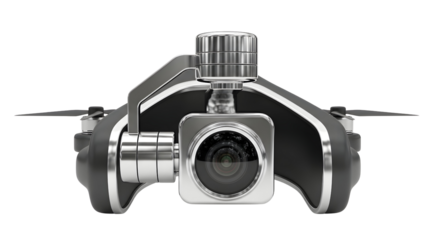 Closeup of a sleek black and silver drone with a camera lens facing forward against a showcasing its modern design and technology