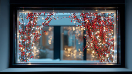 Christmas decorated panoramic window in a modern house. Fantasy, magical view. No text. No background. Close-up. Bright backlight and soft front light. Black background.
