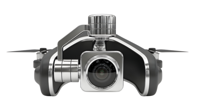 Closeup of a sleek black and silver drone with a camera lens facing forward against a showcasing its modern design and technology