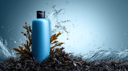   Blue water bottle on grass next to body of water with splash