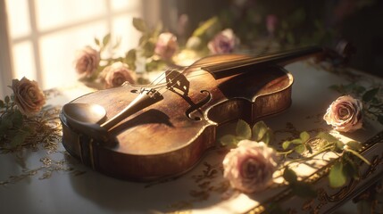   A violin rests atop a table, adjacent to a rosy window sill
