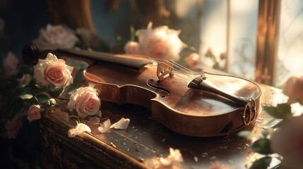   A violin rests on a wooden table beside a bouquet of flowers and a mirror bathed in sunlight