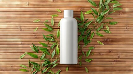   A green sprig rests on a bamboo mat with a bottle of lotion nearby