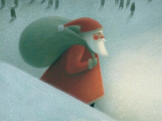 Santa Claus carries a large sack through the snowy forest during the holiday season