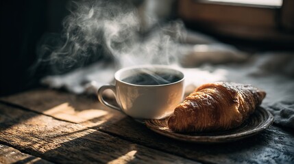   A steaming cup of coffee nestled beside a flaky croissant emanates wafts of vapor from its peak