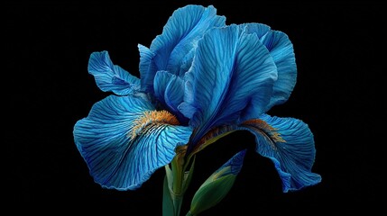   Close-up of a blue flower against a black backdrop, featuring a single blue bloom in the foreground