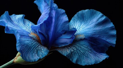   A blue flower against a black background, with a green stem as its central point
