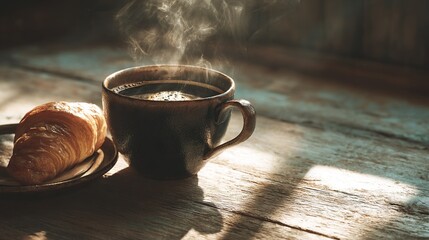   Cup of coffee and croissant on saucer