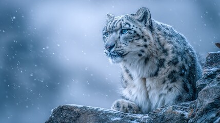   A snow leopard with blue eyes sitting on a rock during a snowstorm with snowflakes on its fur