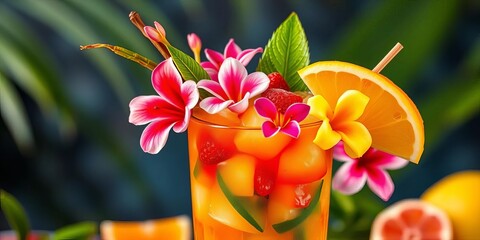 Vibrant tropical cocktail garnished with fruit and flowers,   palm,   mixology