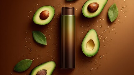   Avocado & Lip Balm on Brown Background with Leaves & Water Drops