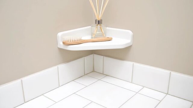 Corner Shelf with Aromatic Diffuser and Wooden Brush On Top in Brightly Lit Room with White Tile and Beige Walls
