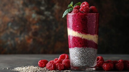   A red and white dessert with raspberries and oatmeal in a tall glass on a table