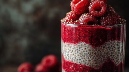 Raspberry Chia Seed Pudding in Glass Container with Fresh Raspberries on Top