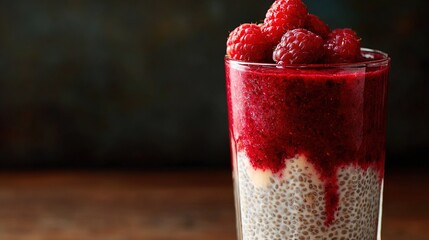   A macro shot of a glass filled with red berries and a spoon inside