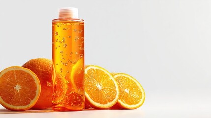   A macro of a orange-filled bottle surrounded by oranges
