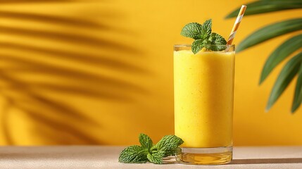   Orange juice, straw, mint on table next to potted plant with yellow background