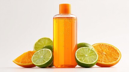   A close-up photo of a glass bottle filled with vibrant yellow liquid, surrounded by juicy green limes and bright orange oranges on a white background
