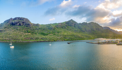 Panoramic view of the Nawilliwilli cruise terminal, at the mouth of the Huleia stream, Lihue, Kaua'i, Hawaii, USA