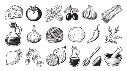 Hand-drawn sketch of Italian food ingredients illustration of cheese tomato and olive oil isolated on white background